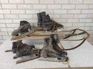 lot 783 image: Antique Rail Sled and (4) pair of Vintage Ice Skates - NO SHIPPING