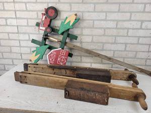 lot 785 image: Wood FARMALL Garden Art and (2) Vintage Seeders - NO SHIPPING