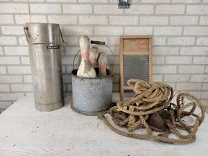 lot 796 image: Vintage DeLaval Stainless Steel Can, Washboard, Block & Tackle and Bowling Pins - NO SHIPPING