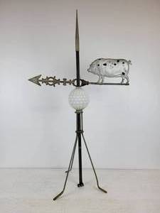 lot 1001 image: Small Lightning Rod with White Glass Ball and Pig Weathervane