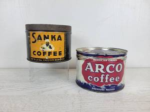 lot 1011 image: Pair of Vintage 1-Pound Coffee Cans - Sanka Coffee and ARCO Coffee