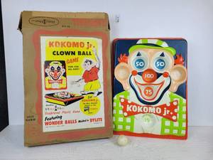 lot 1032 image: 1957 Happy Hour Sculpture Plastic Game - Kokomo Jr. Clown Ball Game in Original Box