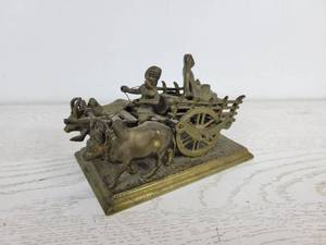 lot 1035 image: Antique Brass Statuette of Oxen Pulling Cart with Passengers