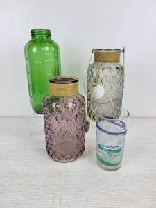lot 1045 image: Lot of Decorative Jars, Green WaterJuice Bottle, and Kentucky Derby Drinking Glass
