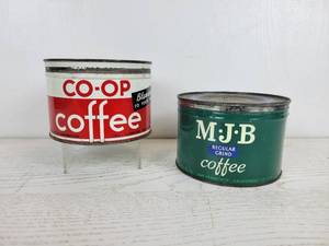 lot 1050 image: Pair of Vintage 1-Pound Coffee Cans - Co-Op Coffee and MJB Coffee