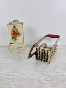 lot 1051 image: Vintage Match Safe with Rose Decal and French Fry Potato Cutter