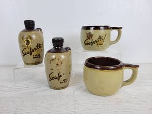 lot 1059 image: 1930s40s Seaforth for Men Shaving Pottery - Shaving Talc, Shaving Lotion, and Pair of Shaving Mugs