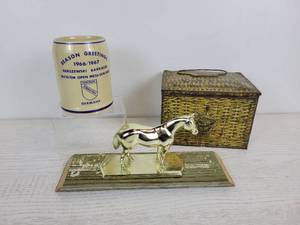 lot 1065 image: Brass Horse Statuette with Tin Humidor and Vintage German Mug