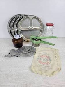 lot 1116 image: Vintage Kitchen Items - Aluminum Plates, Potato Ricer, Kraft Jelly Jar, Bean Jar, and More