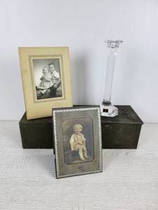 lot 1119 image: Safety Deposit Box, Vintage Photos, and Oneida Crystal Candlestick