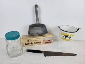 lot 1120 image: Lot of Vintage Kitchen Items - Cutlery World Crock Stick Knife & Scissor Sharpener, Freezer D-Froster, Skippy Peanut Butter Coin Bank, and More