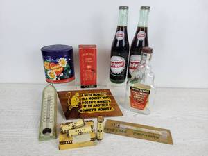 lot 1125 image: Lot of Vintage Treasures - Dr. Pepper Bottles, Thermometers, Photo Developer Chemicals, and More NO SHIPPING