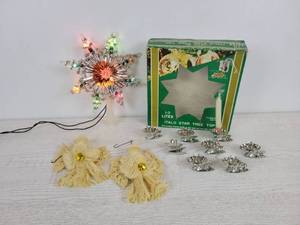 lot 1139 image: Vintage Christmas Dcor - Lighted Star Tree Topper, Aluminum Candle Holder Clips, and Angel Ornaments
