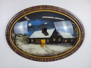 lot 1141 image: Oval Concave Glass Reverse-Painted Cabin Picture
