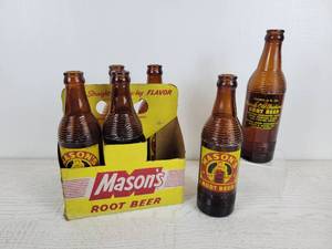 lot 1147 image: 6-Pack of Vintage Masons Root Beer 10 oz. Bottles in Cardboard Carrier