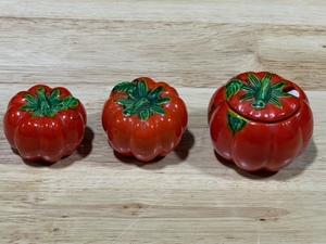 Three Piece Vintage Ceramic Figural Tomato Condiment Set