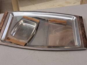 lot 95 image: WoodStainless Steel Serving Set - (2) Platters, (2) Utensils
