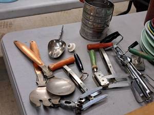 lot 96 image: Lot of (12) Vintage Assorted Cooking Utensils - Fork, Spoon, Scoop, Flour Can, Beater, Slicer, Opener