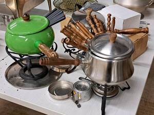 lot 98 image: Lot of (3) Fondue Set - Pots, Stands, Utensils