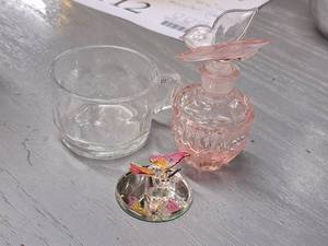 lot 116 image: Lot of (3) Home Dcor - Butterfly Figurine, Perfume Bottle, Small Glass Mug
