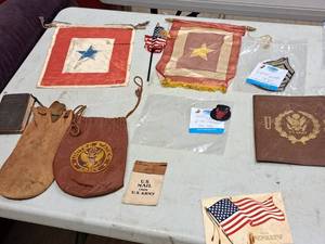lot 144 image: Lot of  Vintage Assorted Army Memorabilia - Bags, Flags, Patches, New Testament