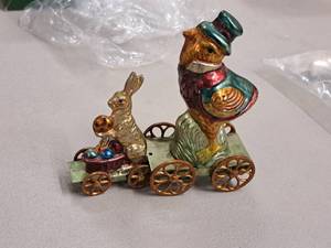lot 181 image: Lot of (2) Small Metal Fine Toys (Signed by R.A. Smith circa 1991) - Easter Bunny, Chicken in a Hat