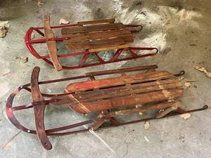 lot 7 image: Two Vintage Metal and Wood Framed Snow Sleds