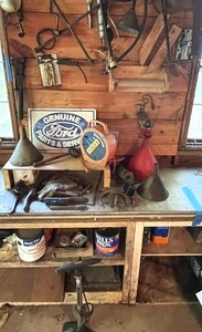 lot 16 image: Barn Wall Tool Lot with Vintage Metal Ford Genuine Parts & Service Display Sign