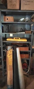 lot 35 image: Metal Shelving Unit (85 x 36 x 18) with Contents including Sprayers, Bird House, and More