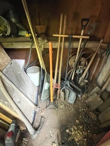 lot 81 image: Excellent Shed Tools Lot including Post Hole Diggers, Steel Tamper, Pick Axe, Pitch Forks, Shovels, and More