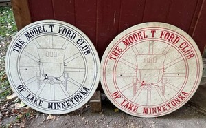 lot 94 image: Pair of Vintage 32 Wooden Model T Ford Club of Lake Minnetonka Advertising Signs