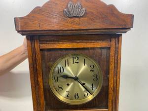 lot 8 image: Vintage Wooden Wall Clock (4 Wood Leaves design on top)