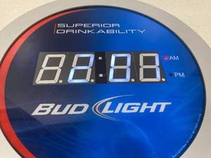 lot 10 image: Superior Drinkability Bud Light Digital Round Wall Clock