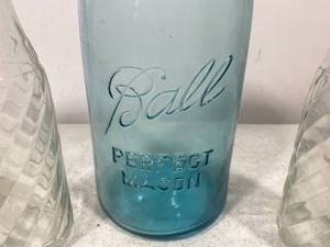 lot 137 image: Rare Blue Ball Perfect Mason Jar plus 2 Glass Soda Stream Bottles