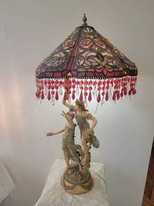 lot 22 image: L & F Moreau Nouveau Liberty Figures Spelter Lamp with Tiffany Shade