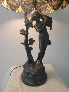 lot 9 image: Bronze Child with Vessel with Tiffany Shade
