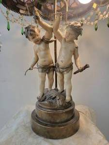lot 10 image: French Cherub Nouveau Spelter Lamp with Tiffany Shade
