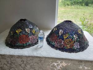 lot 121 image: Damaged Antique Lead Stain-Glass Shades Rose Bushes