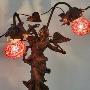 lot 91 image: Moreau Signed French 1900 Figural Sculptural Lamp with Pink Floral Bulb Caps