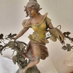 lot 92 image: Maxiin Signed French 1900 Figural Sculptural Lamp with Pink Bead Bulb Caps