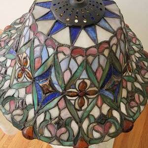 lot 61 image: Tiffany Style Stained Glass Table Lamp Shade  Amber Beads