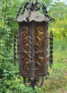 lot 17A image: Stunning Antique Iron  Amber Glass Lantern Light Fixture Pair