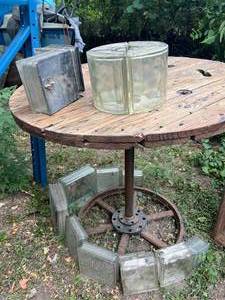 lot 62 image: Large Wood Round Table & Glass Block