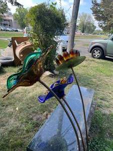 lot 52 image: 3 Handmade Glass Flower - Garden Art