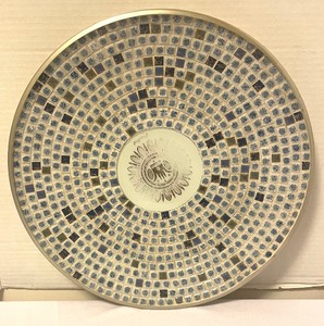 lot 51 image: Vintage Wallace Serving Dish, Amber Glass Pitcher and Mosaic Platter