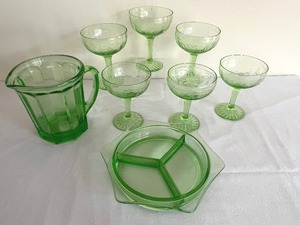 lot 118 image: Vintage Green Depression Uranium Cameo Sherbet Glasses, Jeannette Depression Glass Four Cup Pitcher & More