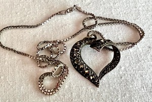 lot 119 image: Sterling and Marcasite Heart Shaped Pendant Necklace