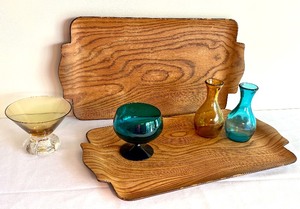 lot 44 image: Two Vintage Teak Trays and Colored Glassware Decorative Items