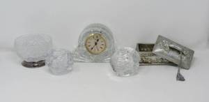 lot 93 image: Snowball votives silver footed lotus bowl trinket box crystal clock