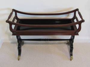 lot 73 image: Baker Furniture Mahogany Wine Cart Planter With Brass Paw Feet Casters
